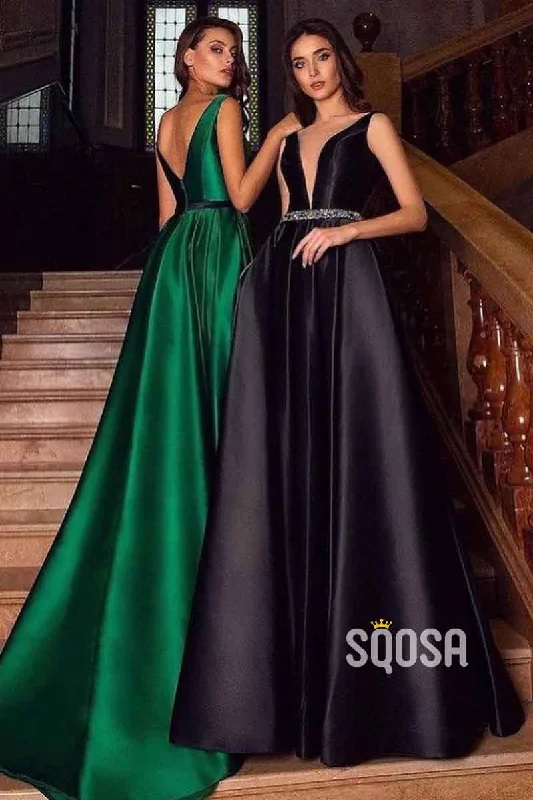 draped evening gown-A Line Sexy Deep V neck Satin Eleagnt Long Formal Evening Dress with Pockets QP2244