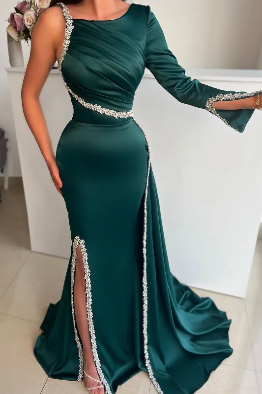 high slit evening dress-Unique Scoop Beads Long Sleeves Mermaid Formal Evening Dress with Slit QP1013