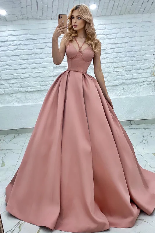 sleeveless tulle evening dress-Spaghetti Straps A-line Pink Prom Ball Gown QP0858