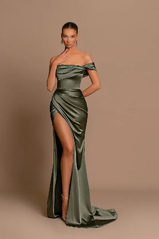 bodycon evening gown-Unique Off the Shoulder Pleated Side Slit Long Formal Evening Gown QP1047