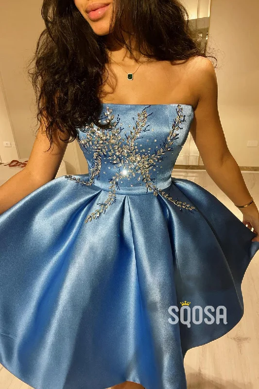 glamorous evening gown-A-line Strapless Beads Vintage Homecoming Dress Short Prom Gown QH0837