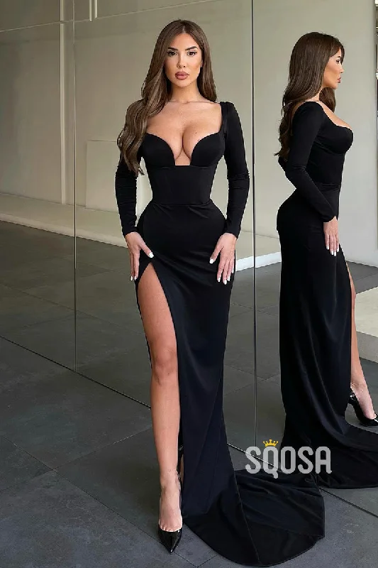 evening dress with mesh overlay-Sexy V-Neck Side Slit Long Sleeves Formal Evening Gowns QP1026