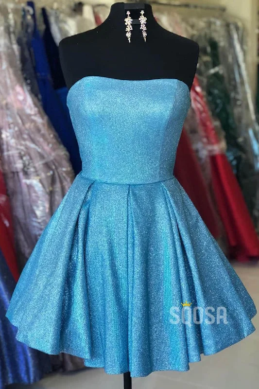 halter neck evening dress-Strapless Blue A-Line Sparkle Homecoming Dress Short Prom Dress QH0846