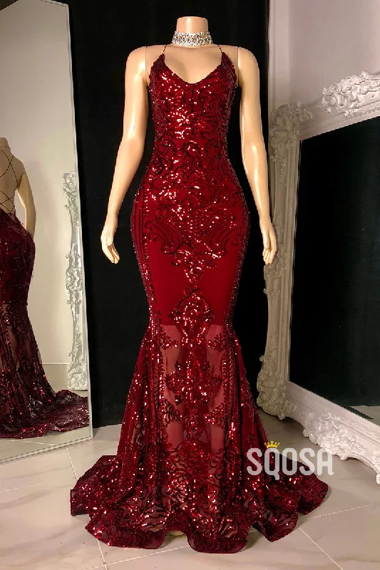 evening gown with crystal embellishments-Spaghetti Straps Sequins Appliques Burgundy Mermaid Prom Dress Black Girl Slay QP0891