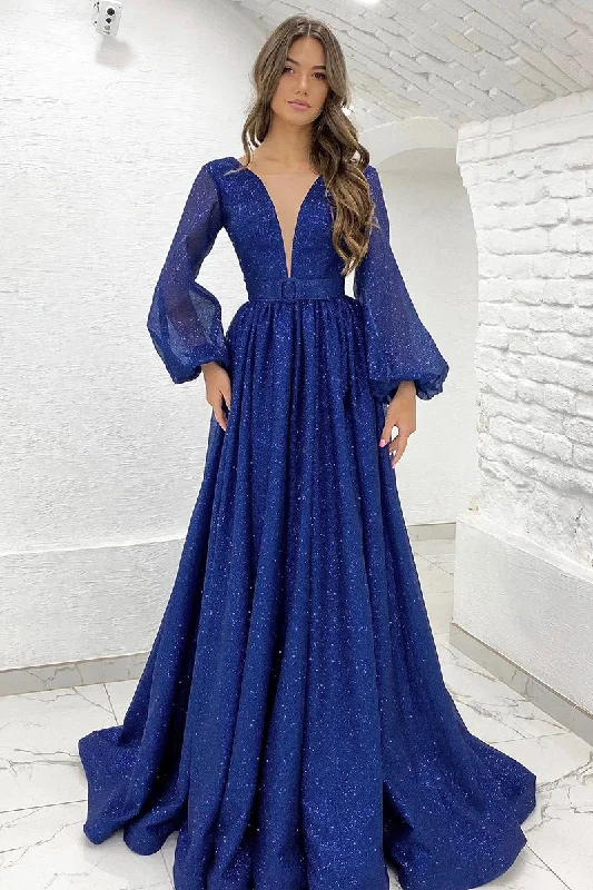 tulle evening gown-Plunging V-Neck Long Sleeves A-line Sparkly Prom Dress QP0850