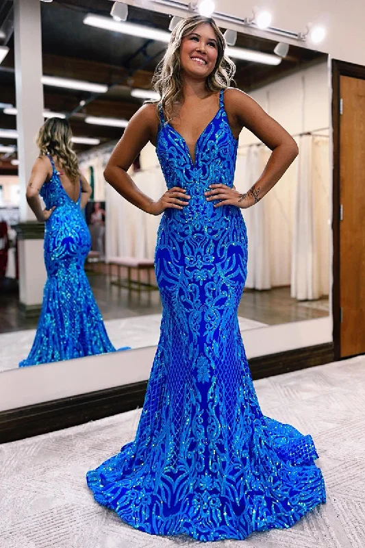 evening gown with pleated skirt-Plunging V-Neck Sequins Appliques Mermaid Prom Dress Long QP0913