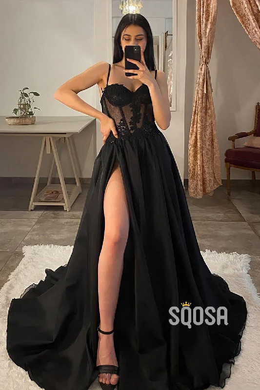 evening dress with cape-A-line Sweetheart Lace Appliques Black Long Prom Dress QP0877