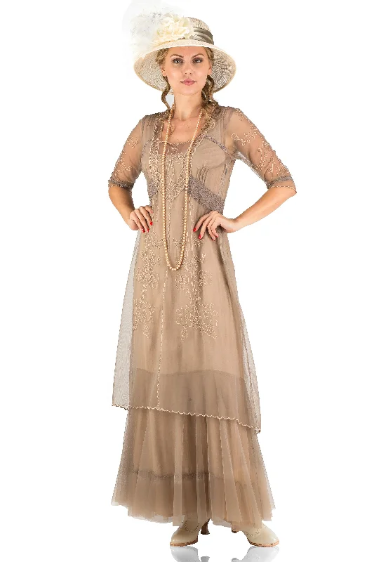 satin evening dress-Victoria Vintage Style Party Gown in Sand by Nataya